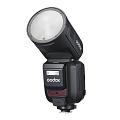 На фото изображено Вспышка накамерная Godox V100N TTL с круглой головкой для Nikon